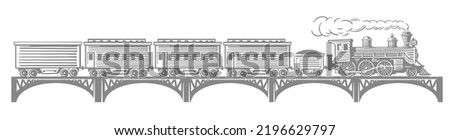 Steam train with wagons on bridge. Locomotive carriage move