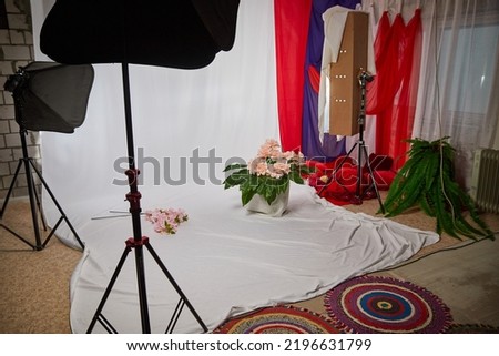Studio room with a white background, photographic flashes on the racks, flowers. Background for photo shoots