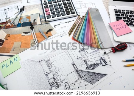 desktop design with house visualization and color swatches without swatches by hand calculator. Design studio. apartment design
