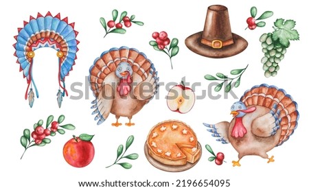 Watercolor illustration of hand painted pilgrim hat, bird turkey, blue indian headdress with feathers, pumpkin pie, cranberry, apple fruits, grape. Isolated clip art for Thanksgiving poster, patterns