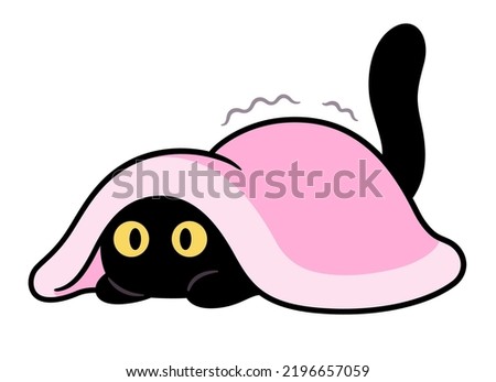 Cut cartoon scared cat hiding under blanket. Funny black kitten drawing, vector clip art illustration.