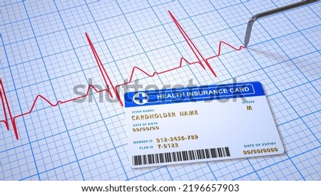 Health insurance card on ECG or EKG paper. Healthy care and medical concept. Red ECG graph on paper.