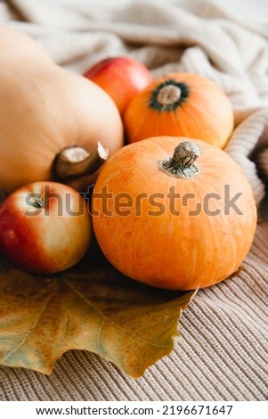 Autumn seasonal harvest. Fruits and vegetables. Pumpkin, red apples and maple leaves. Autumn still life.	
