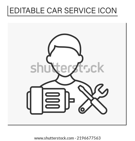  Mechanic line icon. Person repair broken car and details. Car service concept. Isolated vector illustration. Editable stroke