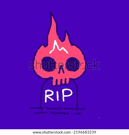 Burning skull on tombstone, illustration for t-shirt, sticker, or apparel merchandise. With modern pop and retro style.