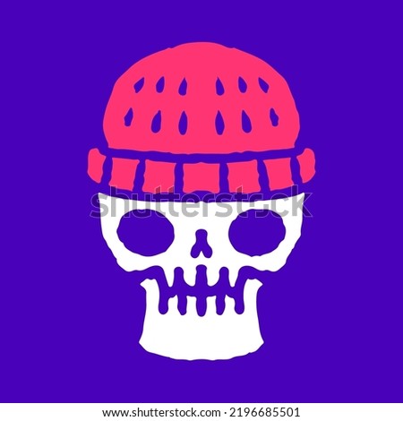 Skull in beanie hat doodle cartoon, illustration for t-shirt, sticker, or apparel merchandise. With modern pop and retro style.