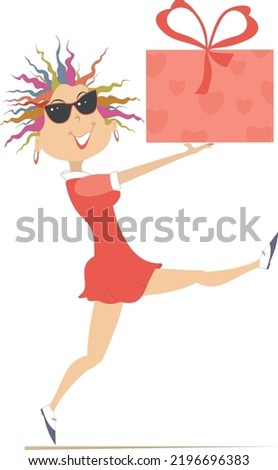Young woman holding a big present box with ribbon. Smiling young woman in sunglasses celebrating birthday or important event. Illustration on white background
