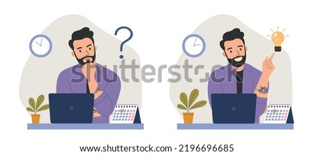 Young man with beard and tattoo before the laptop with question mark in think bubble and  finding new idea. Shiny light bulb. Flat style cartoon vector illustration.  Royalty-Free Stock Photo #2196696685