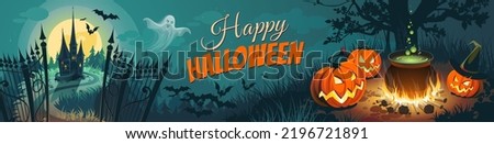 Halloween banner with tradition symbols. Pumpkins and dark castle on blue Moon background, illustration.