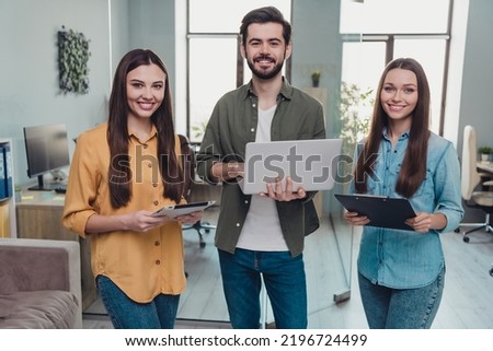 Photo of three successful smart employee use gadgets organization seminar office workstation indoors Royalty-Free Stock Photo #2196724499