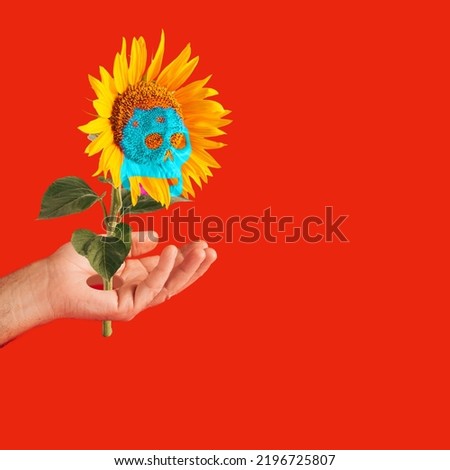A sunflower stalk coming out of a man's palm and a skeleton head appears on an ostrich, on a red background, minimalistic concept, Halloween