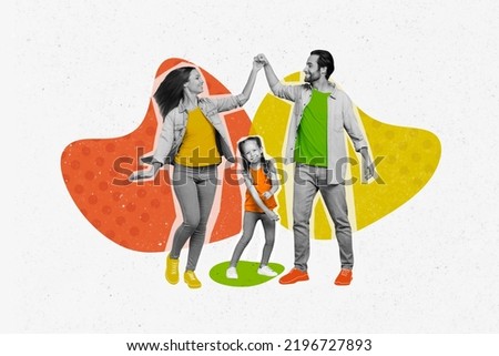 3d retro abstract creative artwork template collage of happy cheerful cute family mother father daughter dancing enjoy weekend holiday Royalty-Free Stock Photo #2196727893