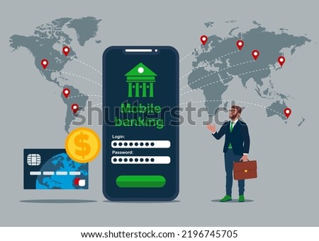 Businessman holds smartphone. Mobile banking around world, mobile payments and money transaction. Flat design. Vector illustration. EPS 10.