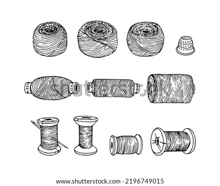 A set of coils with threads. Vector illustration with black ink contour lines isolated on a white background in a doodle and hand drawn style.