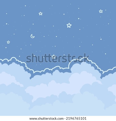 Half moon, stars, clouds on the dark night starry sky background. Galaxy background with crescent moon and stars. Paper and craft style. Night scene minimal background. Vector Illustration.