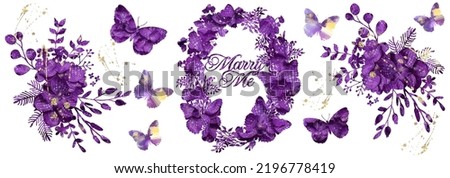 Marry me, purple flowers, butterflies, gold splashes. Wedding, Valentine’s Day, celebration template. Pattern.