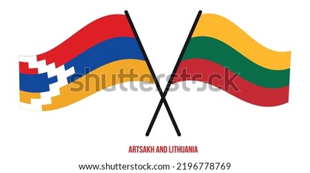 Artsakh and Lithuania Flags Crossed And Waving Flat Style. Official Proportion. Correct Colors.