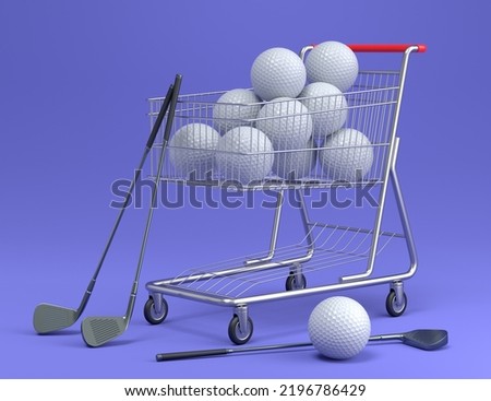 Set of ball like basketball, american football and golf in shopping cart on violet background. 3d rendering of sport accessories for team playing games. 3D Illustration