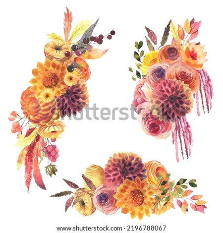 Set of watercolor bouquets of red and yellow autumn flowers (roses, dahlia, asters, amaranth), berries and plants, fall floral compositions, autumn floral clipart