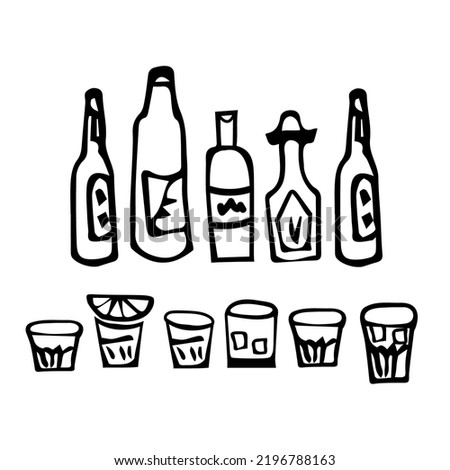 Doodle bar items, bottles, glasses. Line art illustrations 
