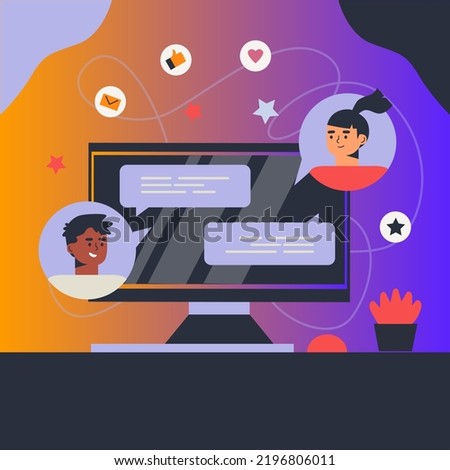 Computer Desktop with chat flat vector illustration. SEO, search engine optimization, settings, top ranking concept
