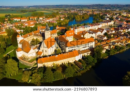 Aerial view of historical centre of small Czech town of Telc, also called Moravian Venice because of its canals on sunny autumn day