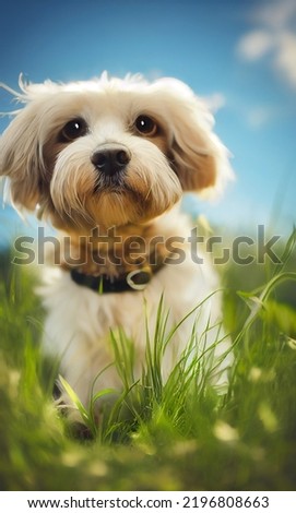 Photo of a dog in nature in the tall grass, dog lying on the grass, blue sky and clouds, looking at the camera. Soft coat, glamour style photo, pet for advertising. Female and male dog photography.