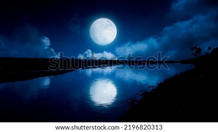 Moonlight reflection in a river. Night landscape in river with full moon Royalty-Free Stock Photo #2196820313