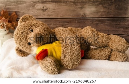 A teddy bear lies on a bed with a yellow duck waiting for night dreams.  Soft toys are the joy of all children.  Close-up.  Front view.  Background picture.