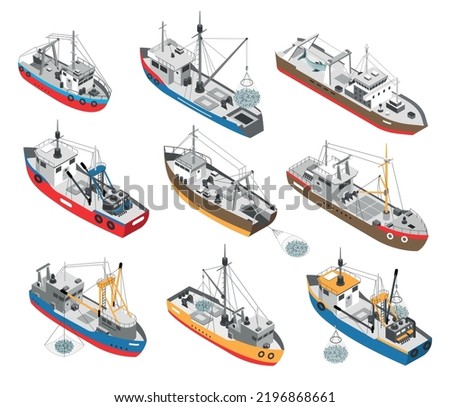 Isometric set of various colorful commercial fishing boats with nets isolated vector illustration