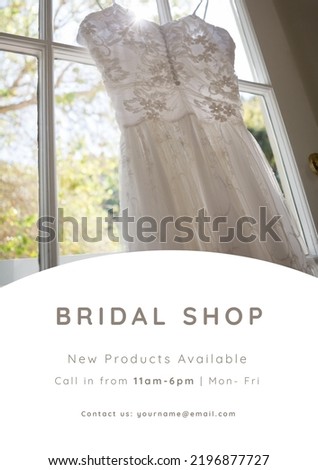 Composition of bridal shop text over wedding dress. Photo card maker concept digitally generated image.
