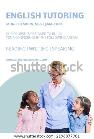 Composition of english tutoring text over diverse schoolchildren and female teacher. Photo card maker concept digitally generated image.