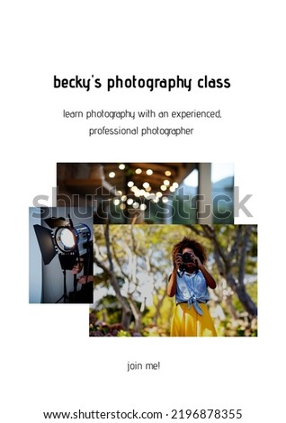 Composition of becky's photography class text over african american woman using camera. Photo card maker concept digitally generated image.