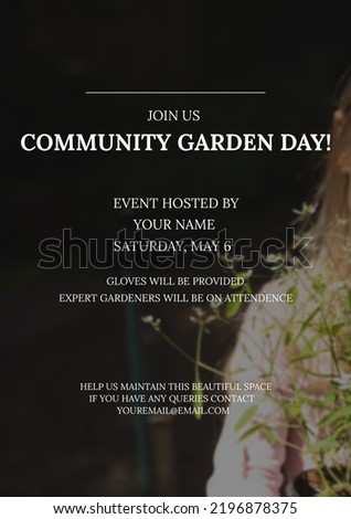 Composition of community garden day text over caucasian woman holding flowerpot. Photo card maker concept digitally generated image.