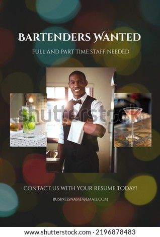 Composition of bartenders wanted text over african american waiter and drinks. Photo card maker concept digitally generated image.