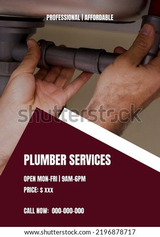 Composition of plumber services text over hands holding pipe. Photo card maker concept digitally generated image.
