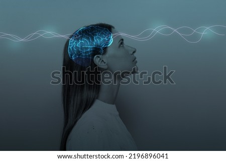 Young girl with closed eyes and neon glowing brain. Women's Mental Health and Meditation Royalty-Free Stock Photo #2196896041