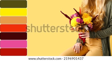 Young woman with beautiful autumn bouquet on yellow background. Different color patterns