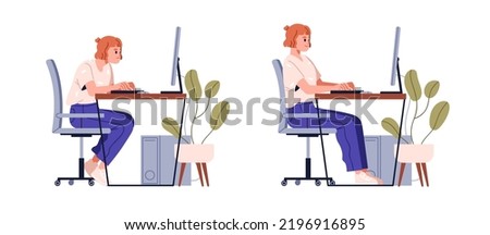 Correct good position vs bad incorrect posture for sitting at computer desk. Right and wrong back and neck poses of woman at workplace. Flat graphic vector illustration isolated on white background Royalty-Free Stock Photo #2196916895