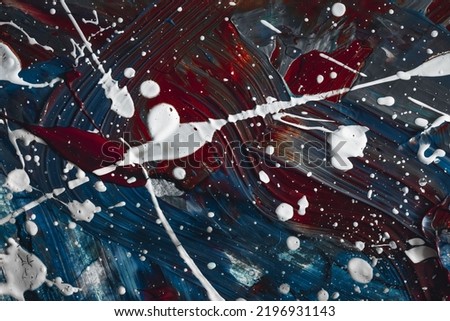 Denim blue, red and white Thick paint texture. Oil and acrylic painting. Brushstrokes of paint. Modern art. Contemporary art.