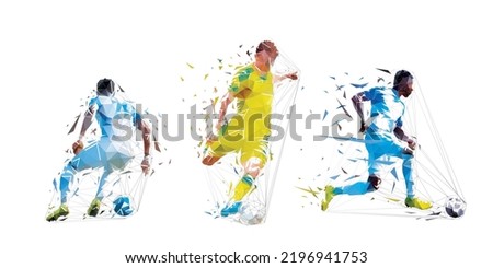 Soccer, group of football players with ball, low polygonal footballers, geometric isolated vector illustration from triangles. Soccer set