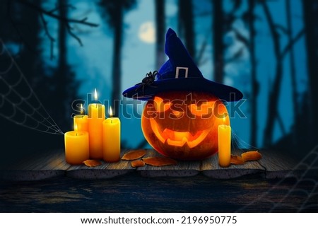 Collage illustration of halloween pumpkin witch hat spider candle light flame isolated on frightening forest background