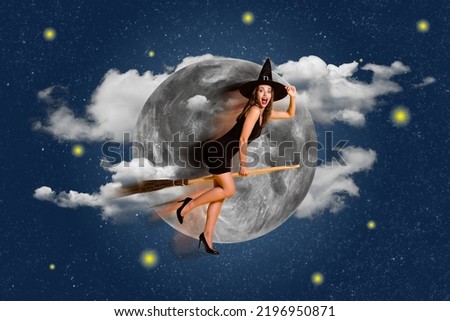 Collage picture of excited witch girl flying broomstick wear hat isolated on night creative sky moonlight background