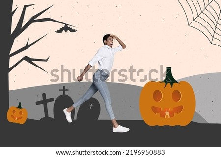 Artwork magazine picture of scary funny lady guy running dark cemetery isolated drawing background