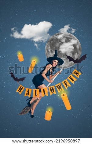 Vertical collage of witch wizard girl fly broomstick bats carry halloween flags isolated on moon clouds sky night background