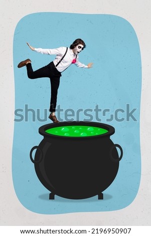 Vertical collage picture of scare amazed guy falling huge potion cauldron isolated on creative background