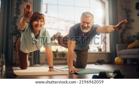 Portrait of a Senior Couple Doing Gymnastics and Yoga Stretching Exercises Together at Home on Sunny Morning. Concept of Healthy Lifestyle, Fitness, Recreation, Couple Goals, Wellbeing and Retirement. Royalty-Free Stock Photo #2196962059