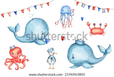 Collection with two whales, seagull, octopus, crab and jellyfish; watercolor hand drawn illustration; with white isolated background