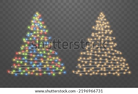 Christmas lights and tree, lights bulbs, glowing garlands string. New Year's party lights, holiday decorations. Party event decoration, winter holiday season element. Vector illustration on png.