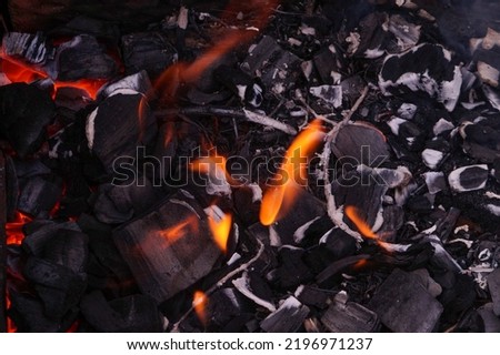 Flames of the fire. View from above. Hot coals and fire. High quality photo